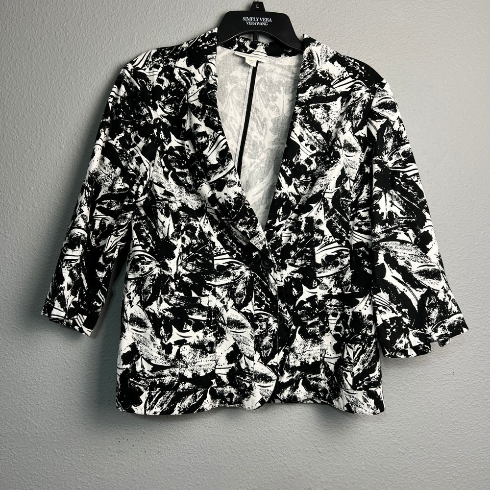 Coldwater Creek Cotton Black‎ White Abstract Leaf Print Blazer Jacket Size 16